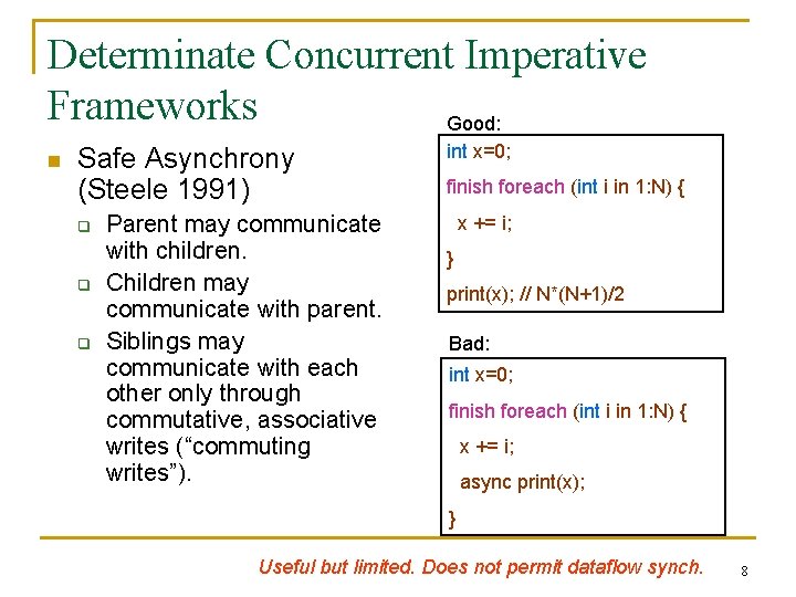 Determinate Concurrent Imperative Frameworks Good: n Safe Asynchrony (Steele 1991) q q q Parent