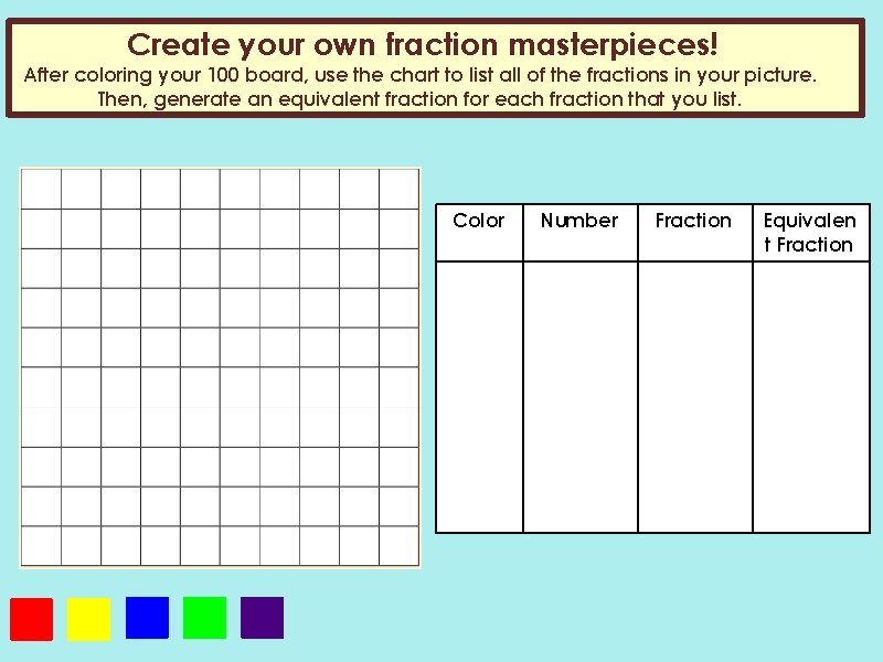Create your own fraction masterpieces! After coloring your 100 board, use the chart to