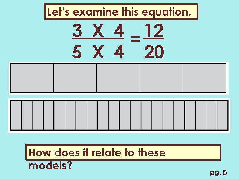 Let’s examine this equation. 3 X 4 = 12 5 X 4 20 How