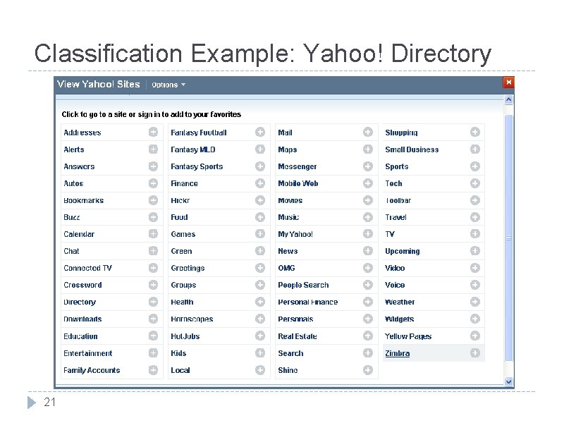 Classification Example: Yahoo! Directory 21 