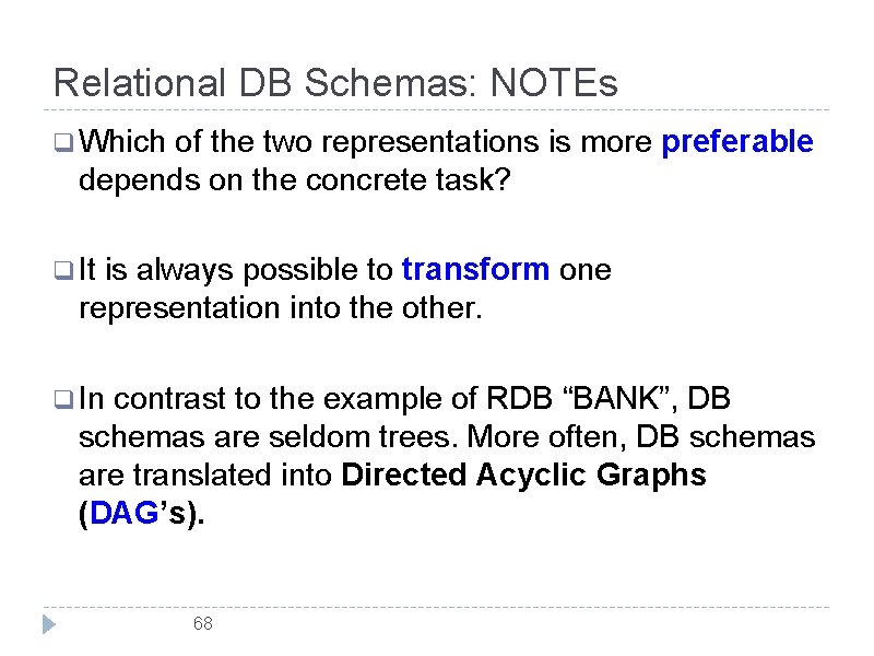 Relational DB Schemas: NOTEs q Which of the two representations is more preferable depends