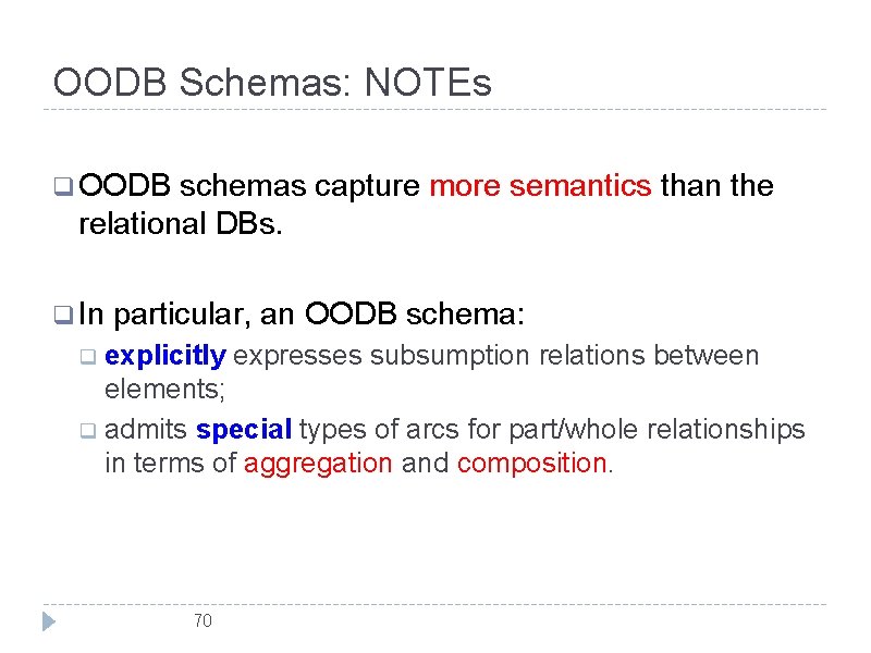 OODB Schemas: NOTEs q OODB schemas capture more semantics than the relational DBs. q