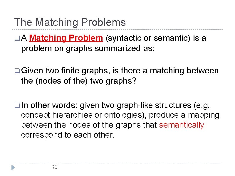 The Matching Problems q. A Matching Problem (syntactic or semantic) is a problem on