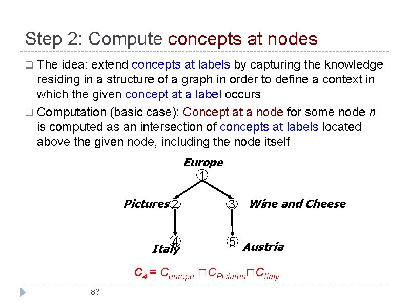 Step 2: Compute concepts at nodes The idea: extend concepts at labels by capturing