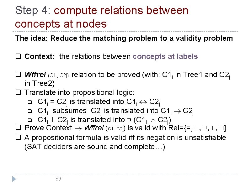 Step 4: compute relations between concepts at nodes The idea: Reduce the matching problem