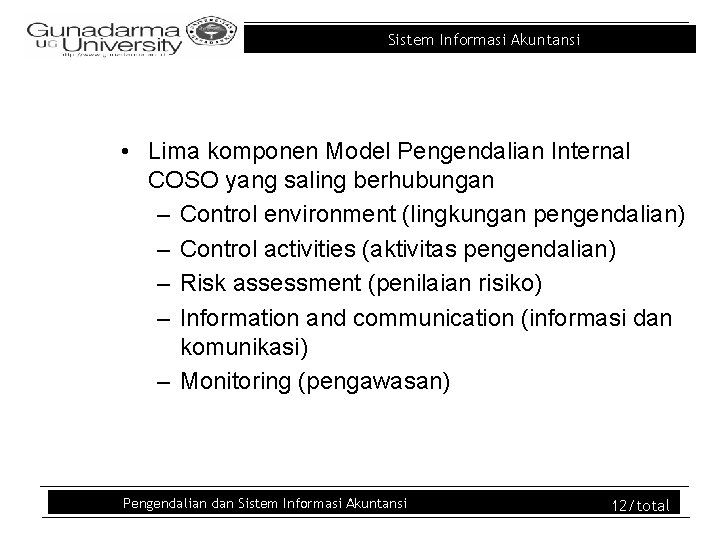 Sistem Informasi Akuntansi • Lima komponen Model Pengendalian Internal COSO yang saling berhubungan –