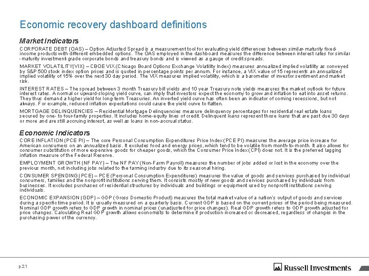 Economic recovery dashboard definitions Market Indicators CORPORATE DEBT (OAS) – Option Adjusted Spread is