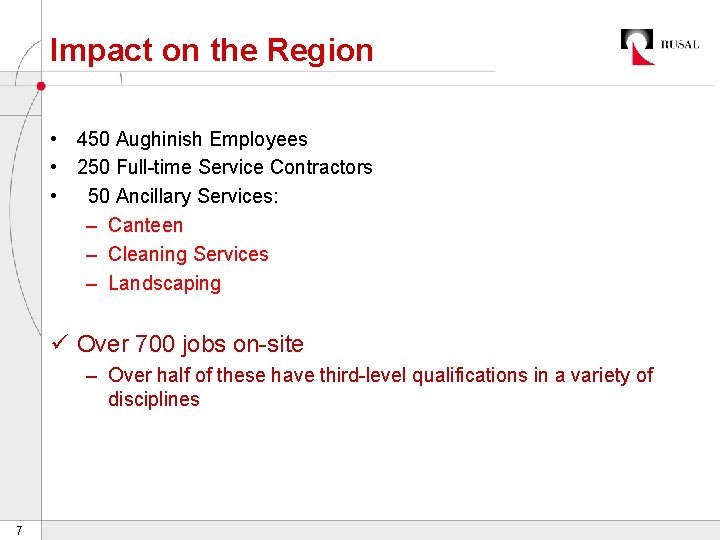 Impact on the Region • 450 Aughinish Employees • 250 Full-time Service Contractors •