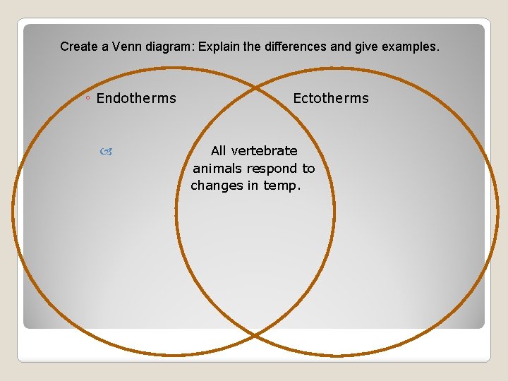 Create a Venn diagram: Explain the differences and give examples. ◦ Endotherms Ectotherms All