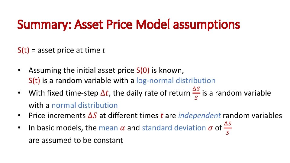 Summary: Asset Price Model assumptions 