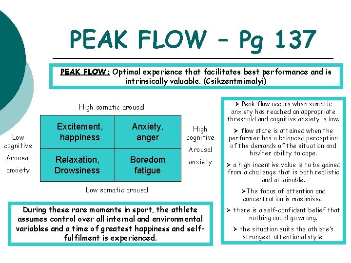 PEAK FLOW – Pg 137 PEAK FLOW: Optimal experience that facilitates best performance and