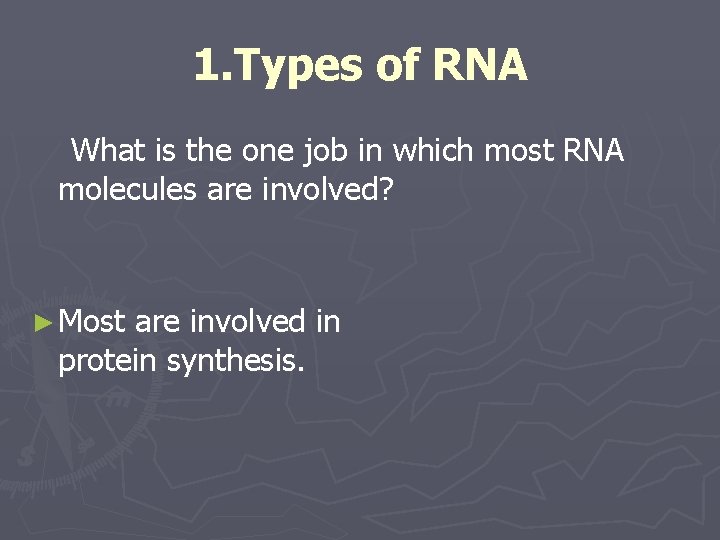 1. Types of RNA What is the one job in which most RNA molecules