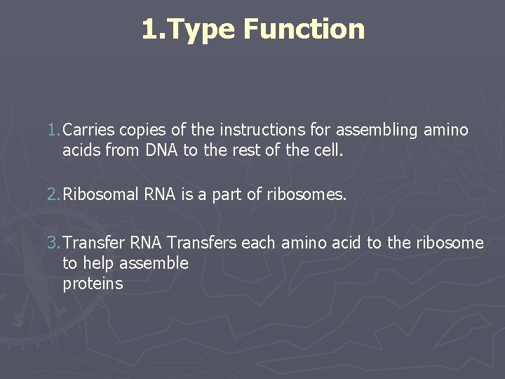 1. Type Function 1. Carries copies of the instructions for assembling amino acids from