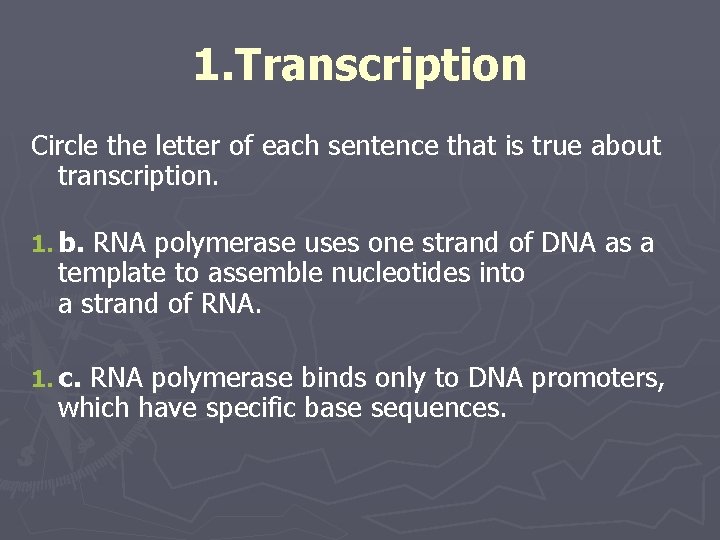 1. Transcription Circle the letter of each sentence that is true about transcription. 1.