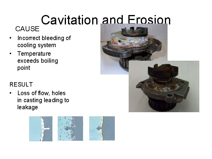 CAUSE Cavitation and Erosion • Incorrect bleeding of cooling system • Temperature exceeds boiling