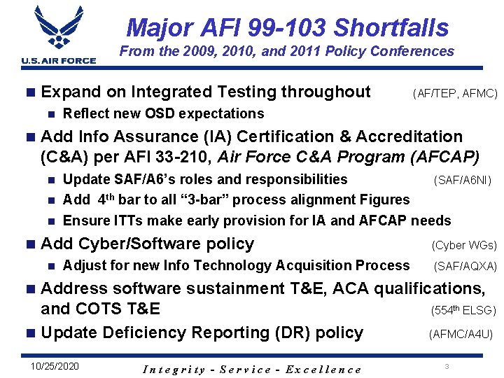 Major AFI 99 -103 Shortfalls From the 2009, 2010, and 2011 Policy Conferences n