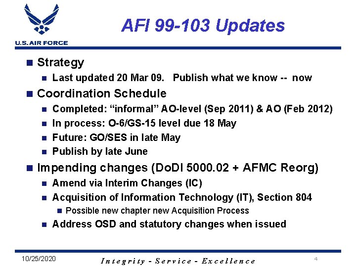 AFI 99 -103 Updates n Strategy n n Last updated 20 Mar 09. Publish