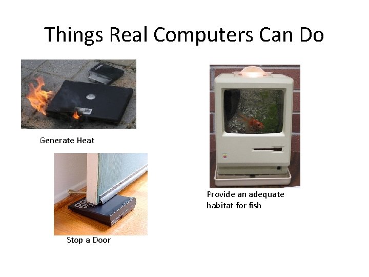 Things Real Computers Can Do Generate Heat Provide an adequate habitat for fish Stop