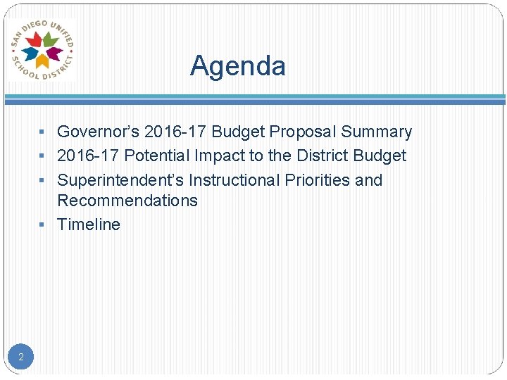 Agenda § Governor’s 2016 -17 Budget Proposal Summary § 2016 -17 Potential Impact to