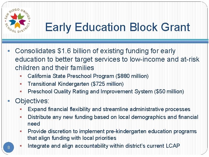 Early Education Block Grant § Consolidates $1. 6 billion of existing funding for early