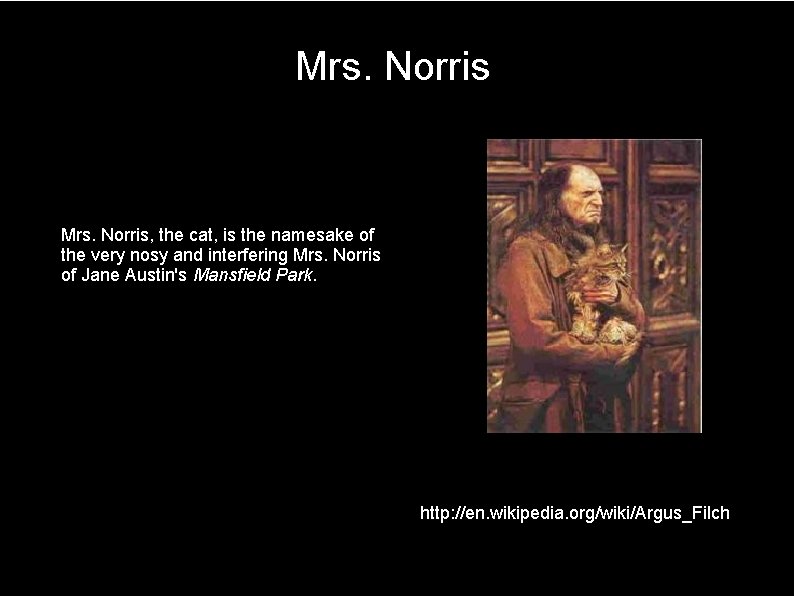 Mrs. Norris, the cat, is the namesake of the very nosy and interfering Mrs.