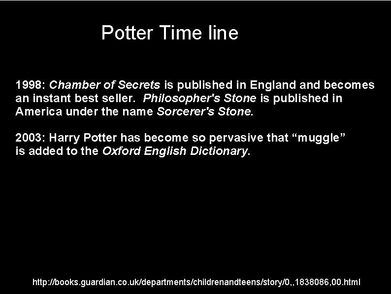 Potter Time line 1998: Chamber of Secrets is published in England becomes an instant