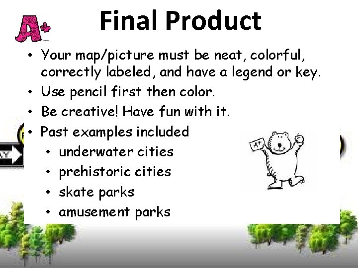 Final Product • Your map/picture must be neat, colorful, correctly labeled, and have a