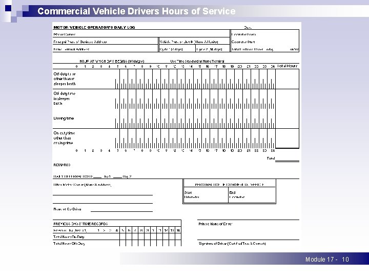 Commercial Vehicle Drivers Hours of Service Module 17 - 10 