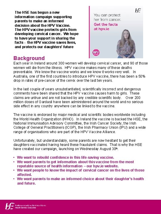 The HSE has begun a new information campaign supporting parents to make an informed