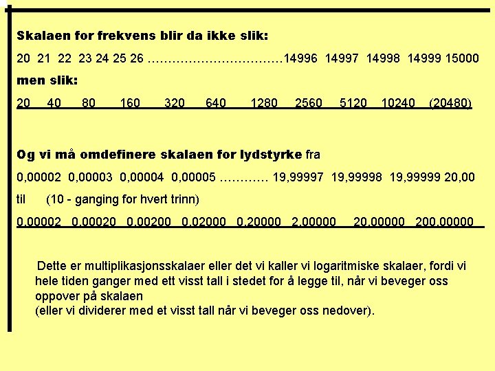 Skalaen for frekvens blir da ikke slik: 20 21 22 23 24 25 26