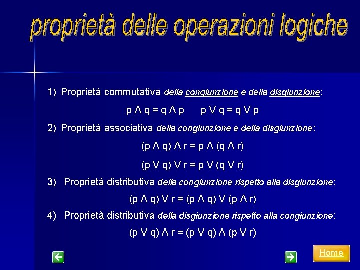 1) Proprietà commutativa della congiunzione e della disgiunzione: pΛq=qΛp p. Vq=q. Vp 2) Proprietà