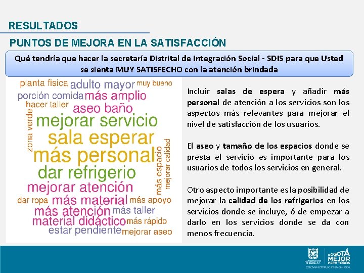 RESULTADOS PUNTOS DE MEJORA EN LA SATISFACCIÓN Qué tendría que hacer la secretaría Distrital