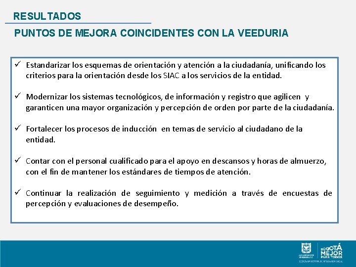 RESULTADOS PUNTOS DE MEJORA COINCIDENTES CON LA VEEDURIA ü Estandarizar los esquemas de orientación