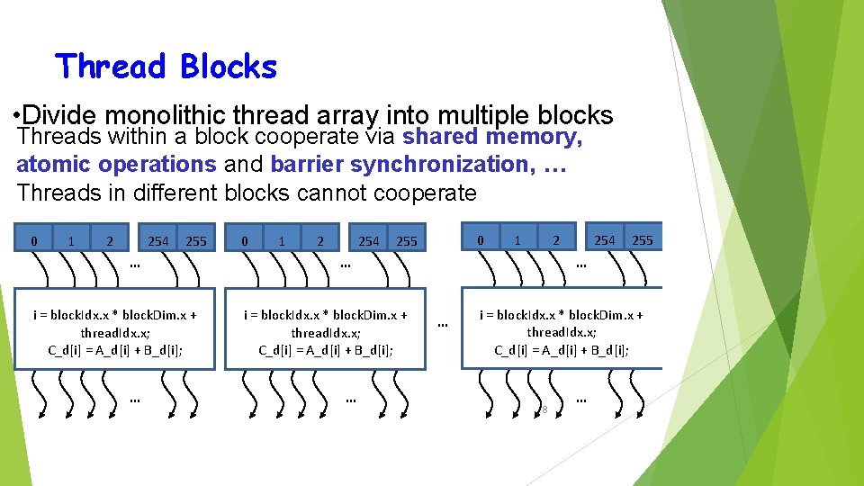 Thread Blocks • Divide monolithic thread array into multiple blocks Threads within a block