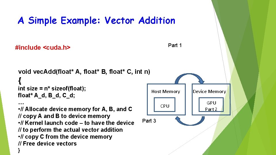 A Simple Example: Vector Addition Part 1 #include <cuda. h> void vec. Add(float* A,