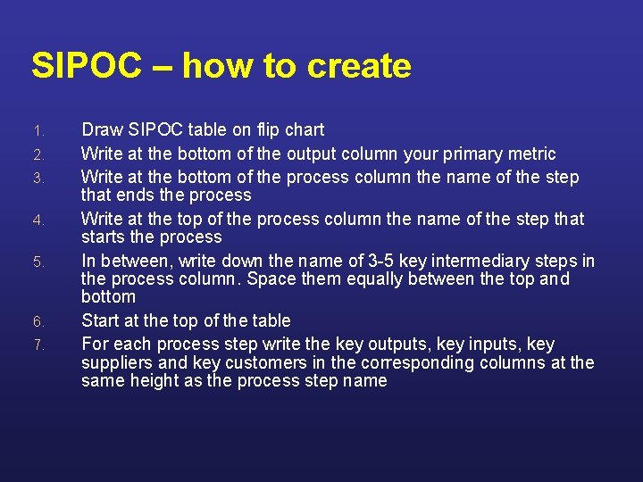 SIPOC – how to create 1. 2. 3. 4. 5. 6. 7. Draw SIPOC