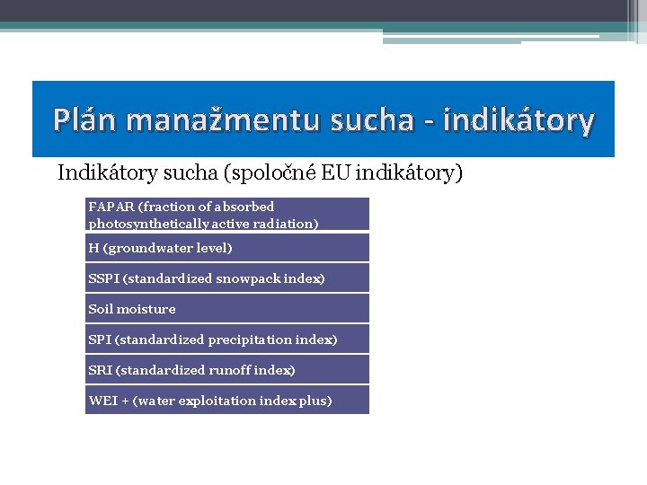 Plán manažmentu sucha - indikátory Indikátory sucha (spoločné EU indikátory) FAPAR (fraction of absorbed