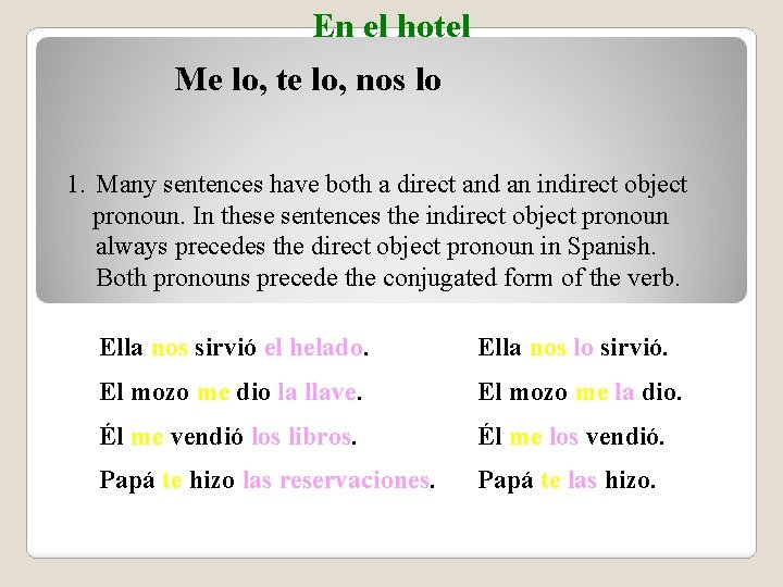 En el hotel Me lo, te lo, nos lo 1. Many sentences have both