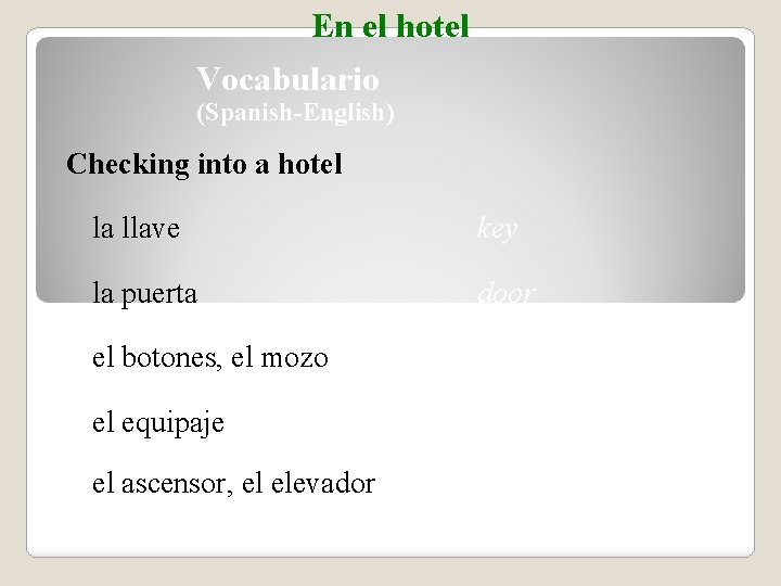 En el hotel Vocabulario (Spanish-English) Checking into a hotel la llave key la puerta