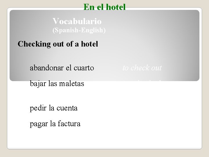 En el hotel Vocabulario (Spanish-English) Checking out of a hotel abandonar el cuarto to