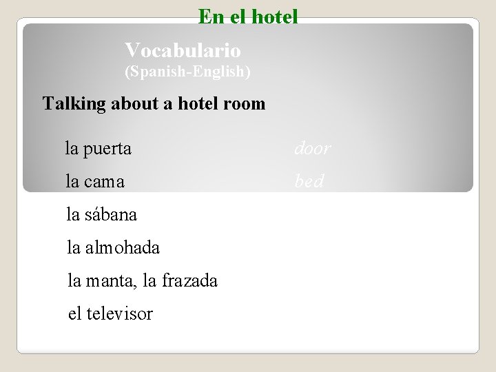 En el hotel Vocabulario (Spanish-English) Talking about a hotel room la puerta door la