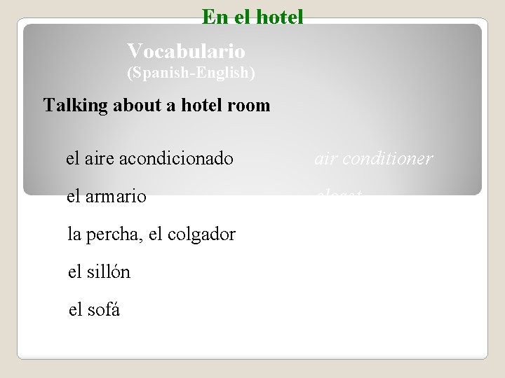 En el hotel Vocabulario (Spanish-English) Talking about a hotel room el aire acondicionado air