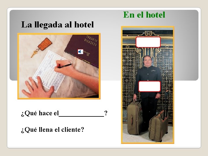 La llegada al hotel la llave ¿Qué hace el_______? ¿Qué llena el cliente? En