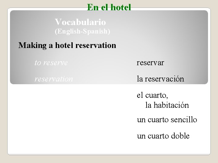 En el hotel Vocabulario (English-Spanish) Making a hotel reservation to reserve reservar reservation la