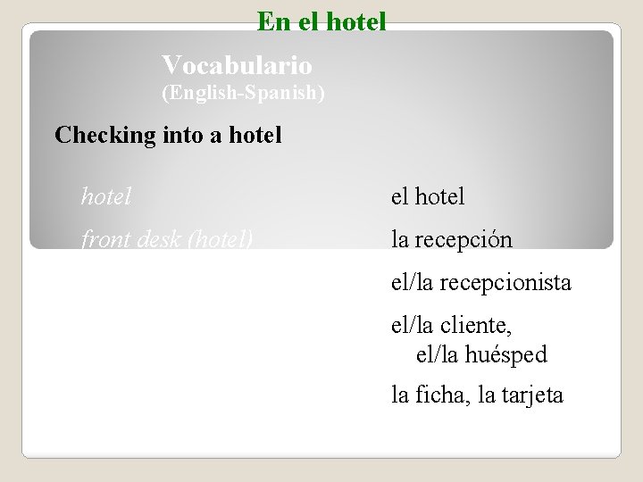 En el hotel Vocabulario (English-Spanish) Checking into a hotel el hotel front desk (hotel)