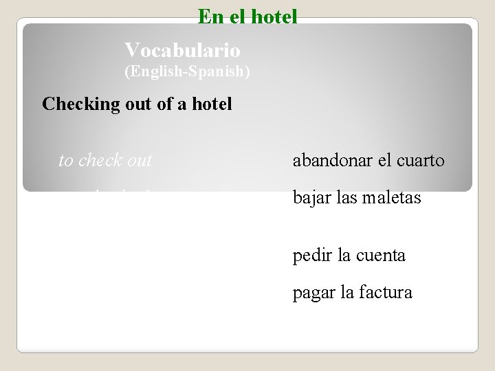 En el hotel Vocabulario (English-Spanish) Checking out of a hotel to check out abandonar