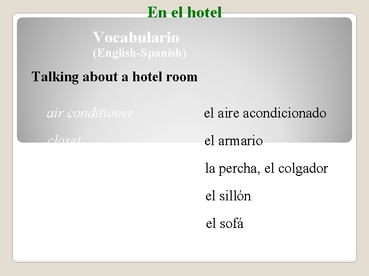 En el hotel Vocabulario (English-Spanish) Talking about a hotel room air conditioner el aire