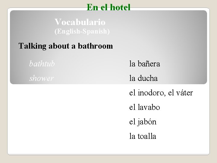 En el hotel Vocabulario (English-Spanish) Talking about a bathroom bathtub la bañera shower la