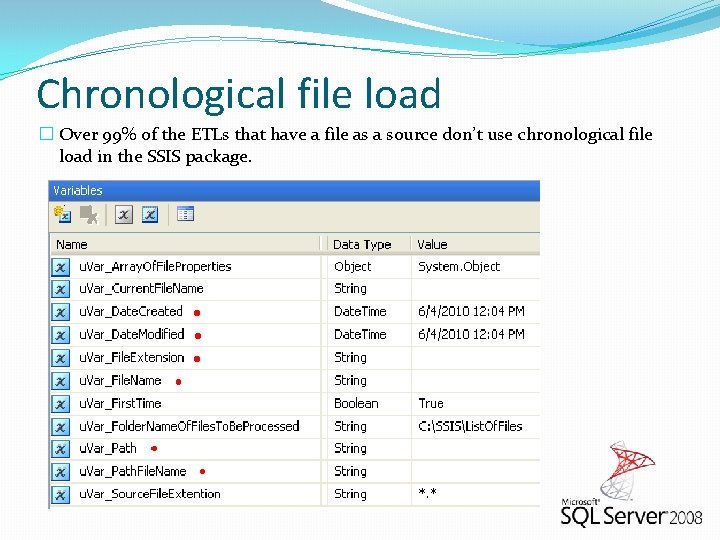 Chronological file load � Over 99% of the ETLs that have a file as