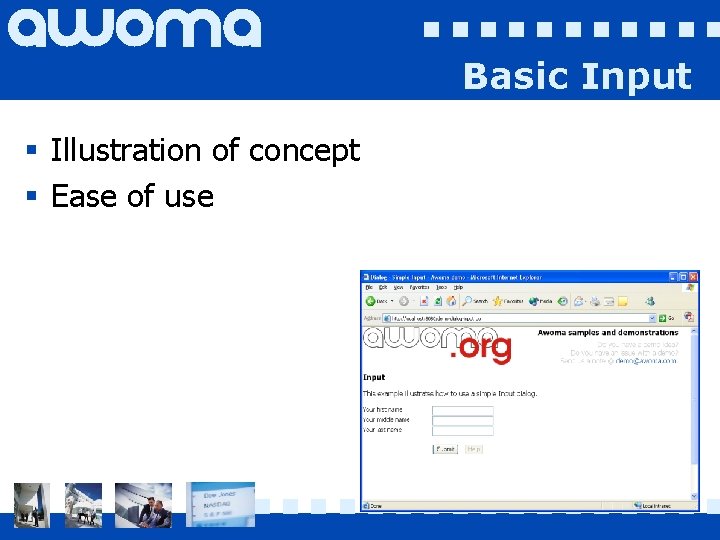 Basic Input § Illustration of concept § Ease of use 